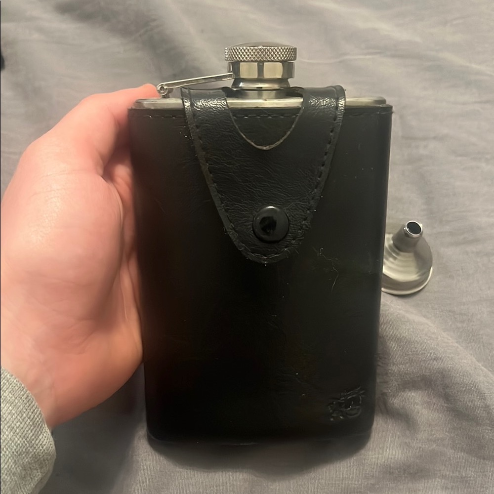 Black Leather Flask with Funnel